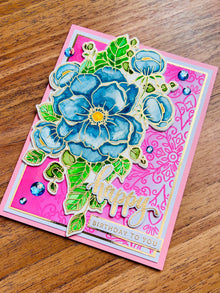 Blue Floral Birthday Card: Pink Filigree, Gem Accents