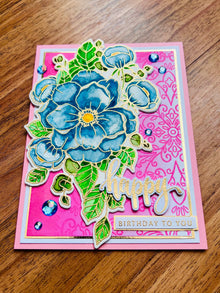 Blue Floral Birthday Card: Pink Filigree, Gem Accents