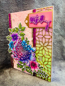 Ombre Chrysanthemum Birthday Card: Pink, Purple & Blue Floral