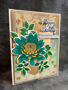 Chrysanthemum Birthday Card: Teal and Yellow Flower, Gold Accents