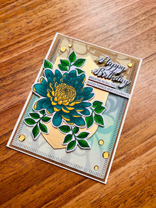 Chrysanthemum Birthday Card: Teal and Yellow Flower, Gold Accents