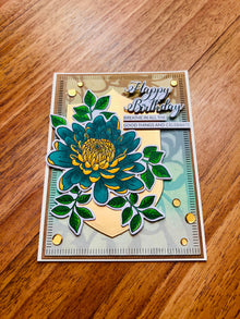 Chrysanthemum Birthday Card: Teal and Yellow Flower, Gold Accents