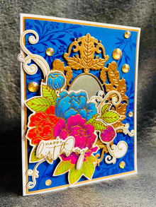 Golden Mirror Birthday Card with Triple Floral Cluster - A Reflective Celebration of Another Year