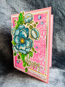 Blue Floral Birthday Card: Pink Filigree, Gem Accents