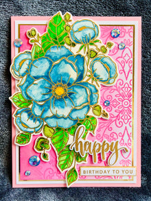 Blue Floral Birthday Card: Pink Filigree, Gem Accents