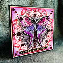 Lavender-Pink Moth Red Bejeweled Mandala Birthday Card, Exquisite Handmade Greeting for Special Occasions