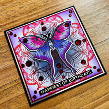 Lavender-Pink Moth Red Bejeweled Mandala Birthday Card, Exquisite Handmade Greeting for Special Occasions