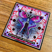 Lavender-Pink Moth Red Bejeweled Mandala Birthday Card, Exquisite Handmade Greeting for Special Occasions