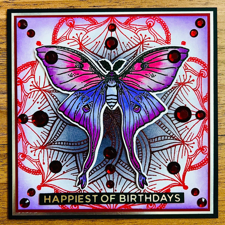 Lavender-Pink Moth Red Bejeweled Mandala Birthday Card, Exquisite Handmade Greeting for Special Occasions
