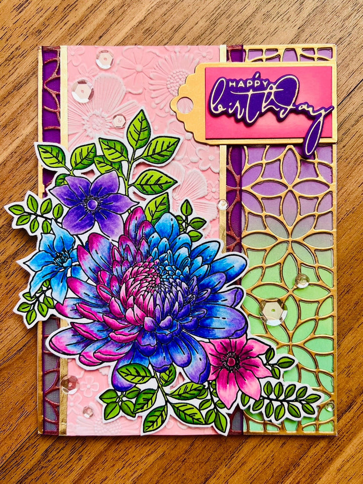 Ombre Chrysanthemum Birthday Card: Pink, Purple & Blue Floral