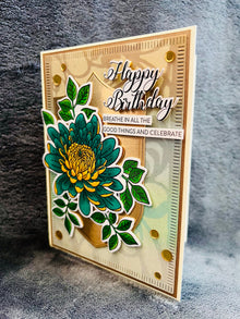 Chrysanthemum Birthday Card: Teal and Yellow Flower, Gold Accents
