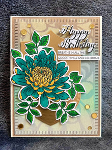 Chrysanthemum Birthday Card: Teal and Yellow Flower, Gold Accents