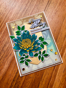 Chrysanthemum Birthday Card: Teal and Yellow Flower, Gold Accents