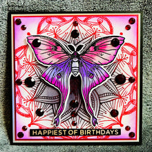 Lavender-Pink Moth Red Bejeweled Mandala Birthday Card, Exquisite Handmade Greeting for Special Occasions