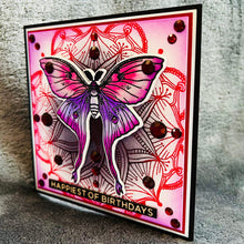 Lavender-Pink Moth Red Bejeweled Mandala Birthday Card, Exquisite Handmade Greeting for Special Occasions