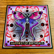 Lavender-Pink Moth Red Bejeweled Mandala Birthday Card, Exquisite Handmade Greeting for Special Occasions