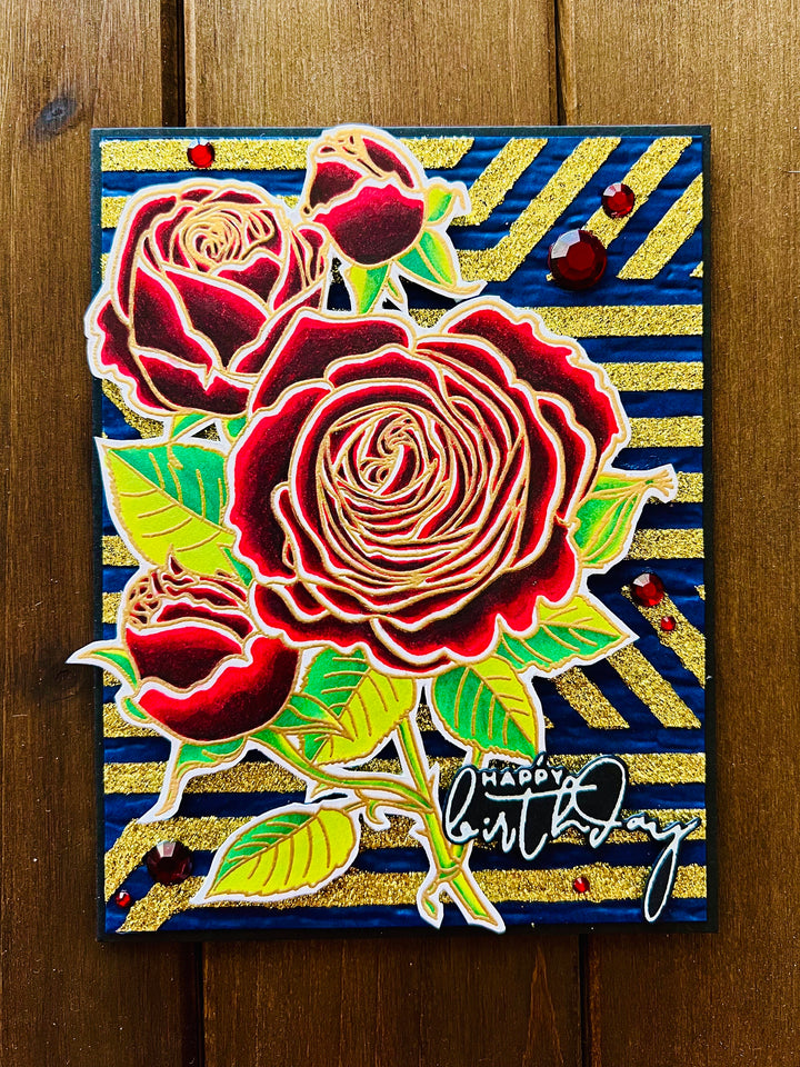Red Roses Gold Glitter Birthday Card: Embossed Handmade Greeting