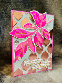 Gold Foiled Celebrate Card: Pink Leaves, Sequin Accents