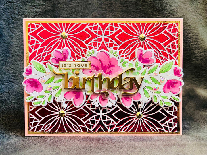 Charming Birthday Card with Delightful Pink Florals and Pink Foiled Petal Tiled Background – Perfect for Celebrations
