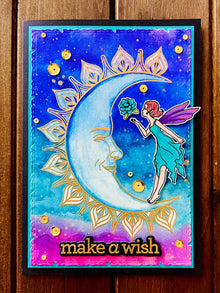 Make a Wish Card with Moon Fairy and Water colored Sky Background for Magical Moments