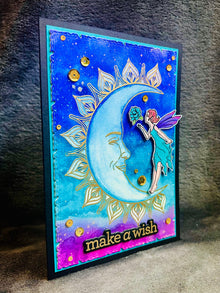 Make a Wish Card with Moon Fairy and Water colored Sky Background for Magical Moments