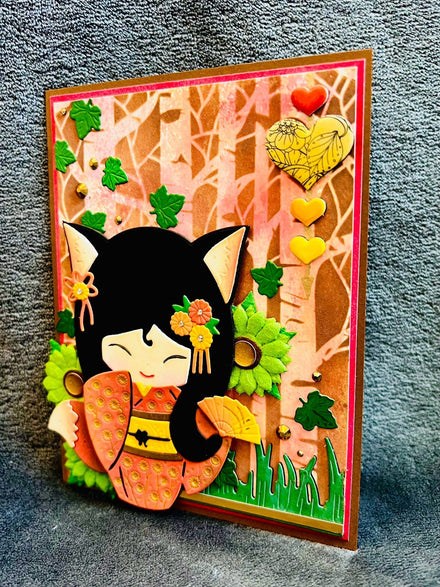 Kimono Fox Girl Blank Card: Diecut Paper Doll, Forest Scene