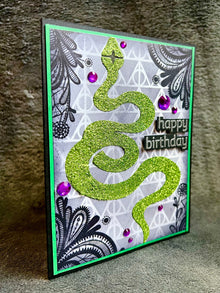 Green Glitter Serpent Laced Corners and Triangle Background Birthday Card for Unique Celebrations