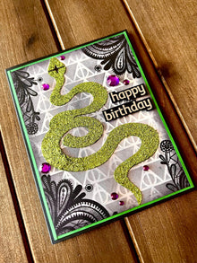 Green Glitter Serpent Laced Corners and Triangle Background Birthday Card for Unique Celebrations