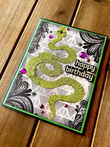 Green Glitter Serpent Laced Corners and Triangle Background Birthday Card for Unique Celebrations