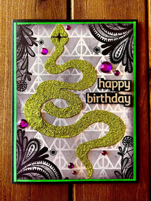 Green Glitter Serpent Laced Corners and Triangle Background Birthday Card for Unique Celebrations