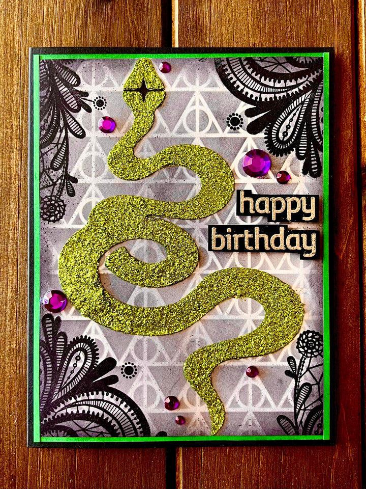 Green Glitter Serpent Laced Corners Triangle Background Birthday Card