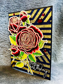 Red Roses Gold Glitter Birthday Card: Embossed Handmade Greeting
