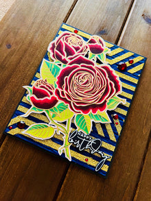 Red Roses Gold Glitter Birthday Card: Embossed Handmade Greeting