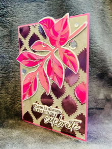 Gold Foiled Celebrate Card: Pink Leaves, Sequin Accents