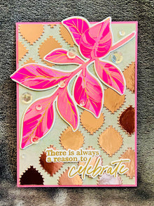 Gold Foiled Celebrate Card: Pink Leaves, Sequin Accents