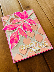 Gold Foiled Celebrate Card: Pink Leaves, Sequin Accents