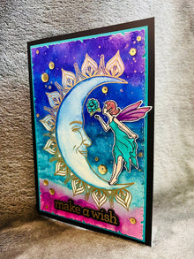 Make a Wish Card with Moon Fairy and Water colored Sky Background for Magical Moments