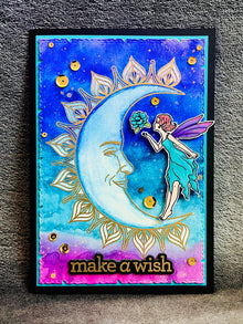 Make a Wish Card with Moon Fairy and Water colored Sky Background for Magical Moments