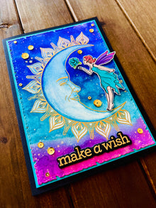 Make a Wish Card with Moon Fairy and Water colored Sky Background for Magical Moments