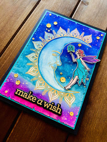 Make a Wish Card with Moon Fairy and Water colored Sky Background for Magical Moments