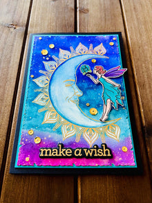 Make a Wish Card with Moon Fairy and Water colored Sky Background for Magical Moments
