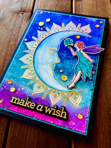 Make a Wish Card with Moon Fairy and Water colored Sky Background for Magical Moments