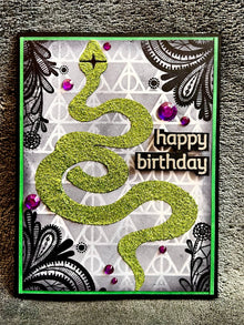 Green Glitter Serpent Laced Corners and Triangle Background Birthday Card for Unique Celebrations
