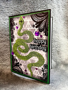 Green Glitter Serpent Laced Corners and Triangle Background Birthday Card for Unique Celebrations