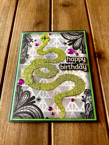 Green Glitter Serpent Laced Corners and Triangle Background Birthday Card for Unique Celebrations