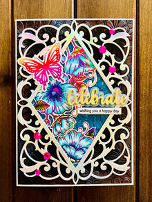 Rainbow Foiled Butterfly Celebrate Card: Floral Outline
