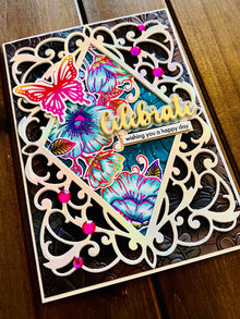 Rainbow Foiled Butterfly Celebrate Card: Floral Outline