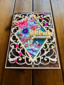 Rainbow Foiled Butterfly Celebrate Card: Floral Outline