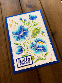Silver Outlined Blue Floral "Hello Friend" Card