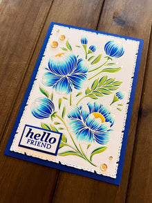 Silver Outlined Blue Floral "Hello Friend" Card
